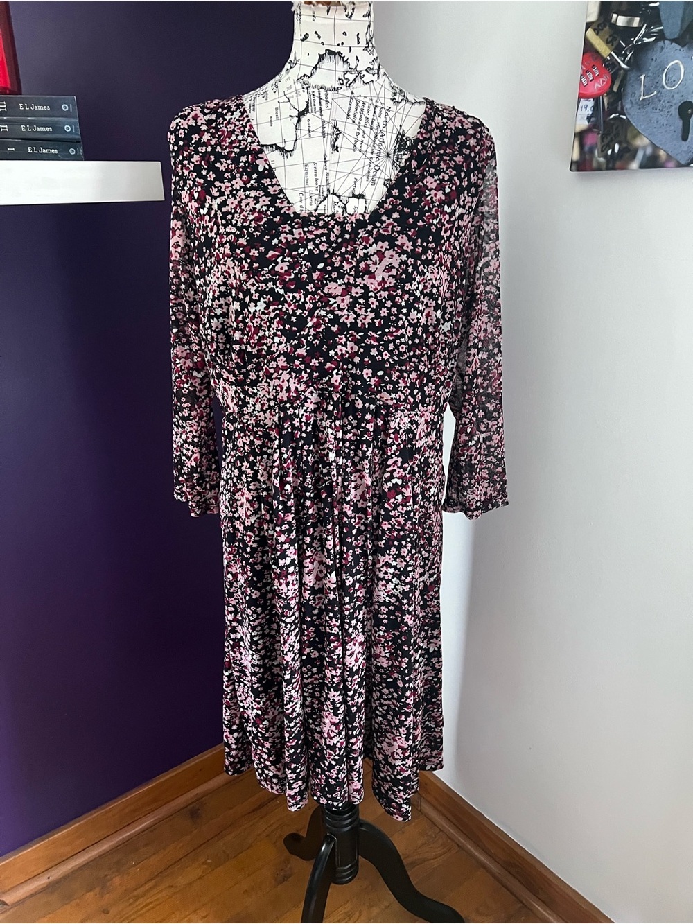 INC International Concepts Black Long Sleeve Midi Dress with Pink Floral Print